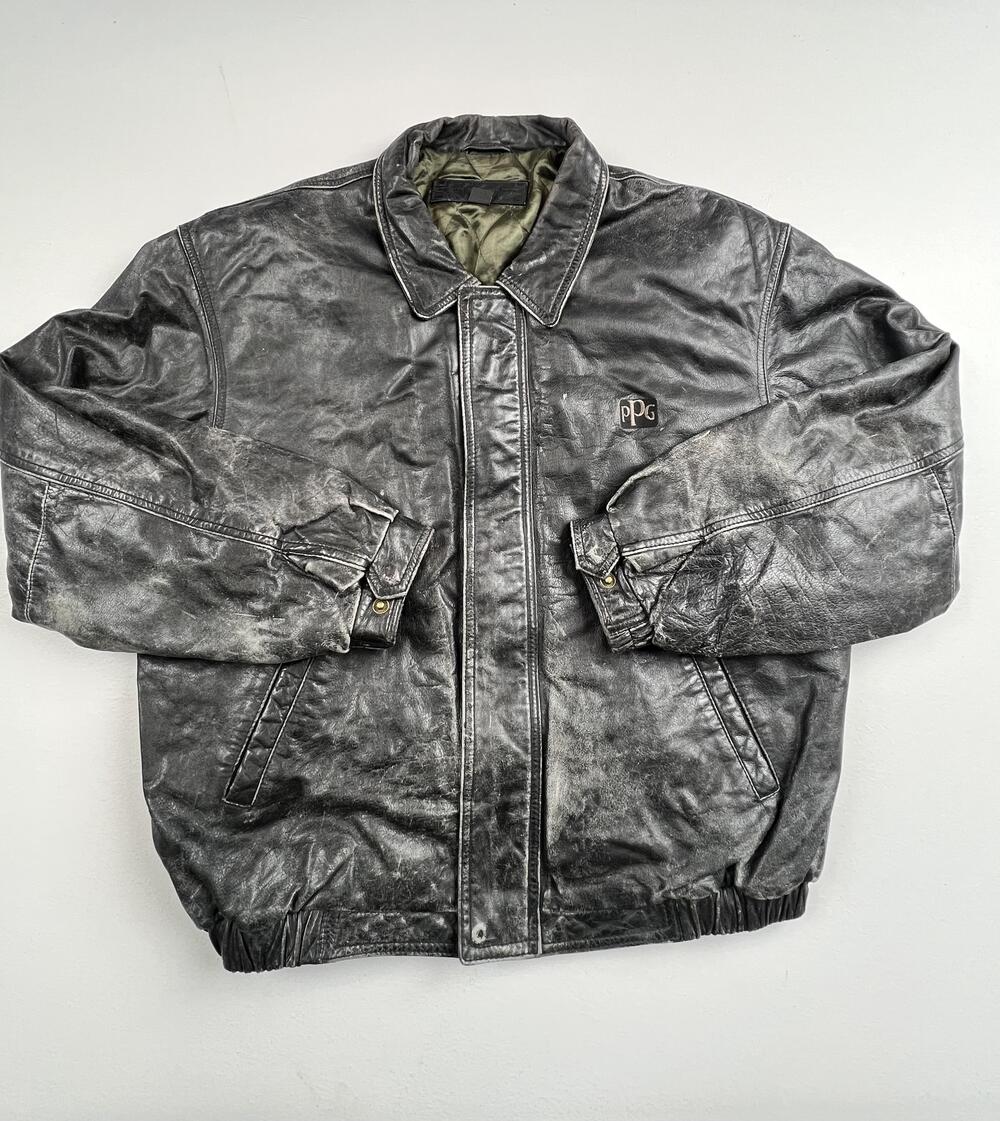Port Authority Jacket Mens Large Black Leather Bomber Full Zip PPG Logo Lined